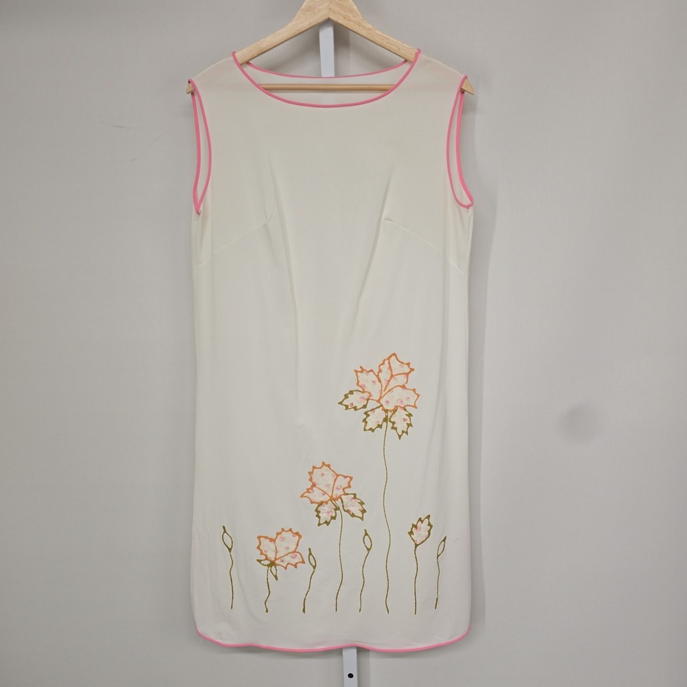 Vintage White Sleeveless Shift Dress Pink Trim Floral Applique Mod 60s Style